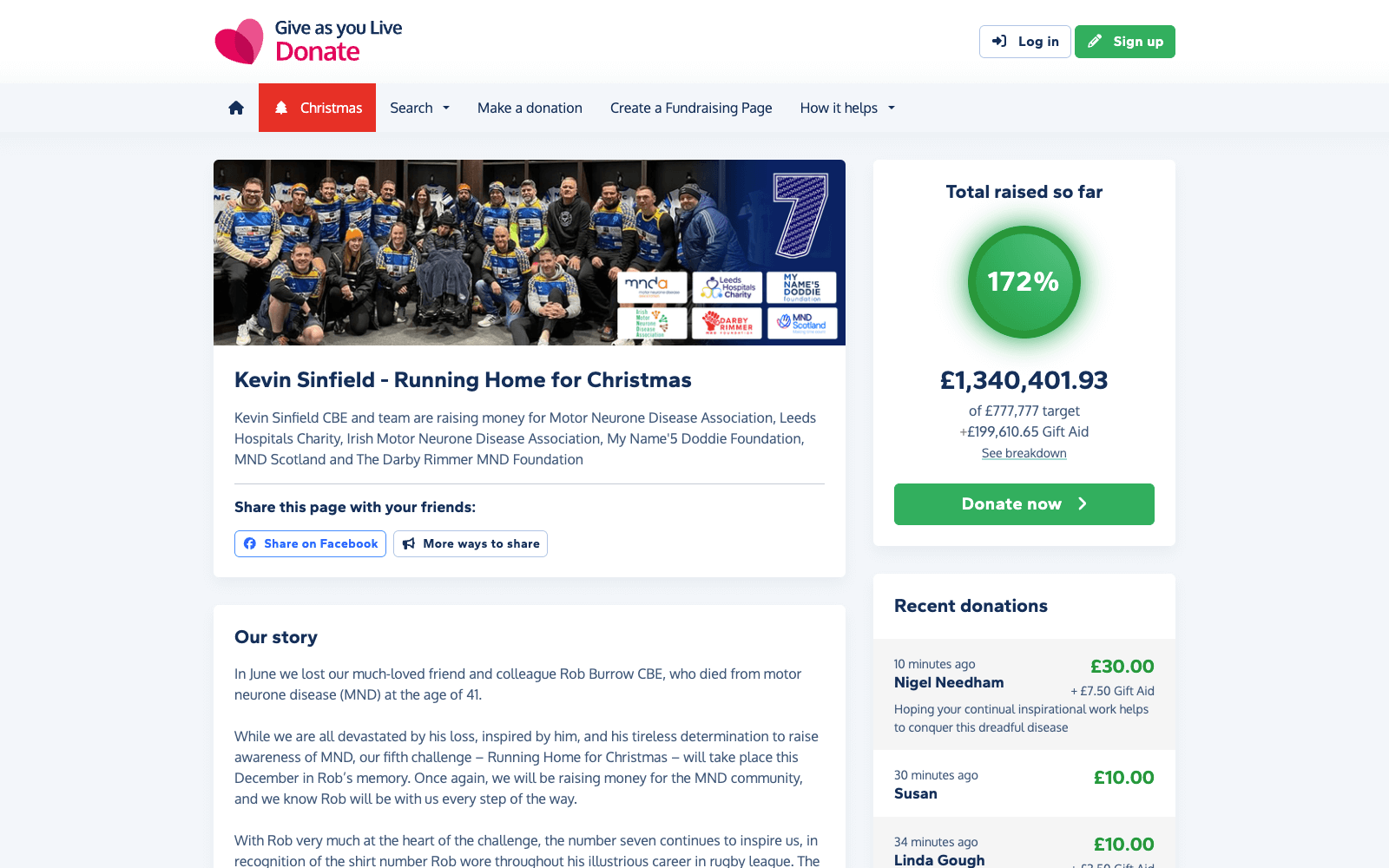 Screenshot of Give as you Live Donate fundraising page